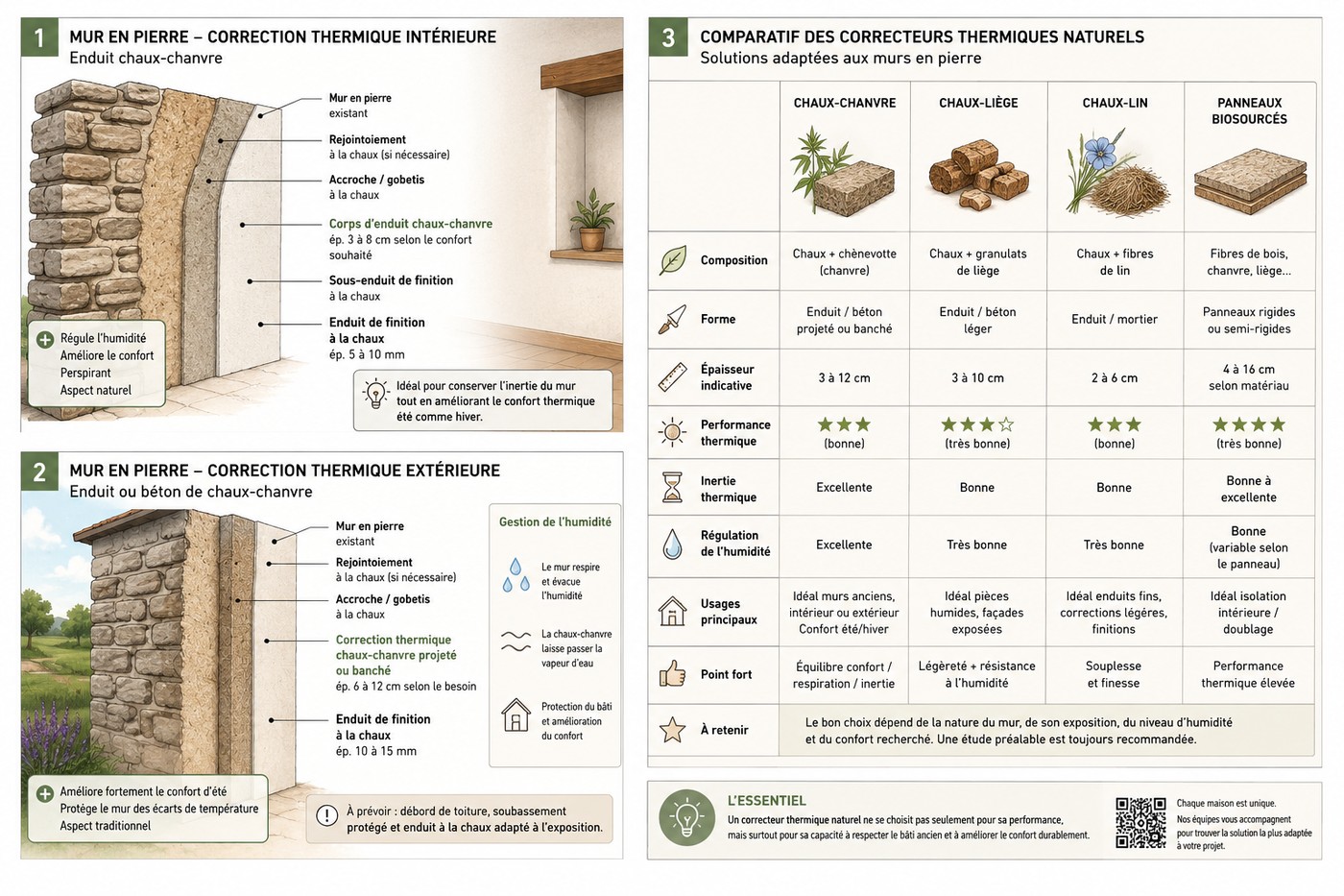 Comparatif des correcteurs thermiques naturels pour mur en pierre : chaux-chanvre, chaux-liège, chaux-lin, panneaux biosourcés